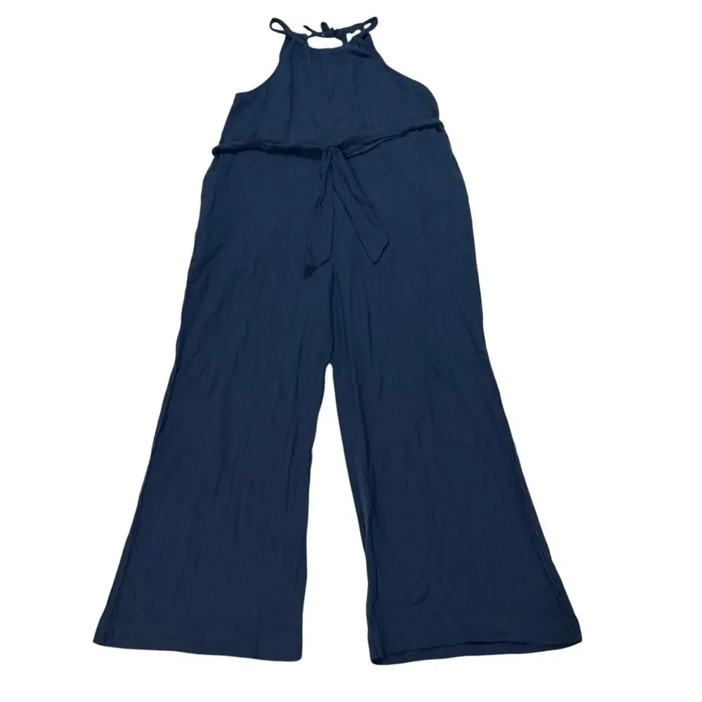 Pact Women’s Large Blue Coastal Beach Halter Jumpsuit Cotton Beachy Nautical - Picture 4 of 13